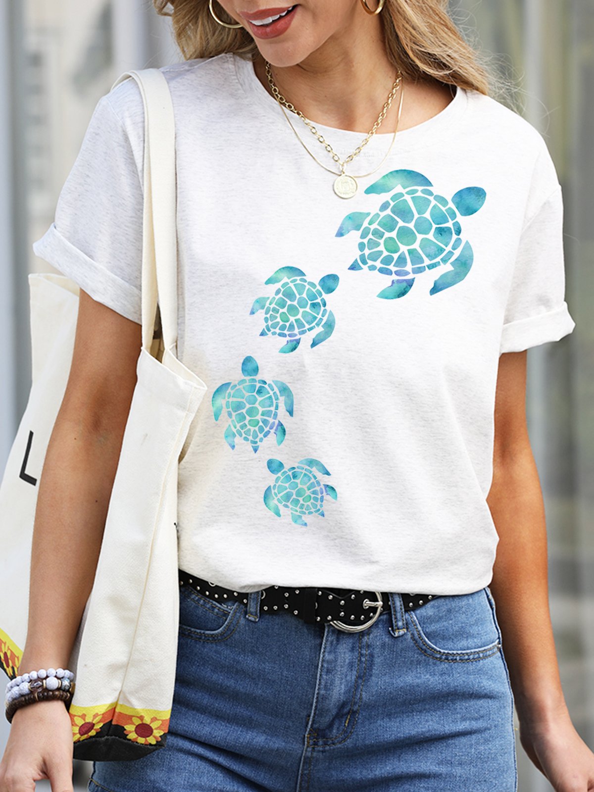 Womens Sea Turtle Watercolor Blue Print Casual T-Shirt