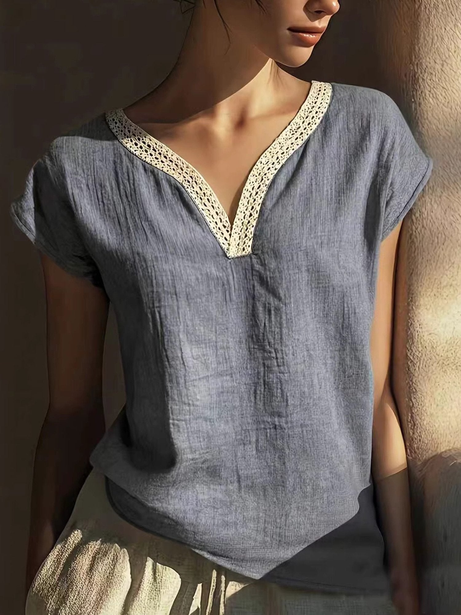 Cotton And Linen Casual Plain V Neck Blouse