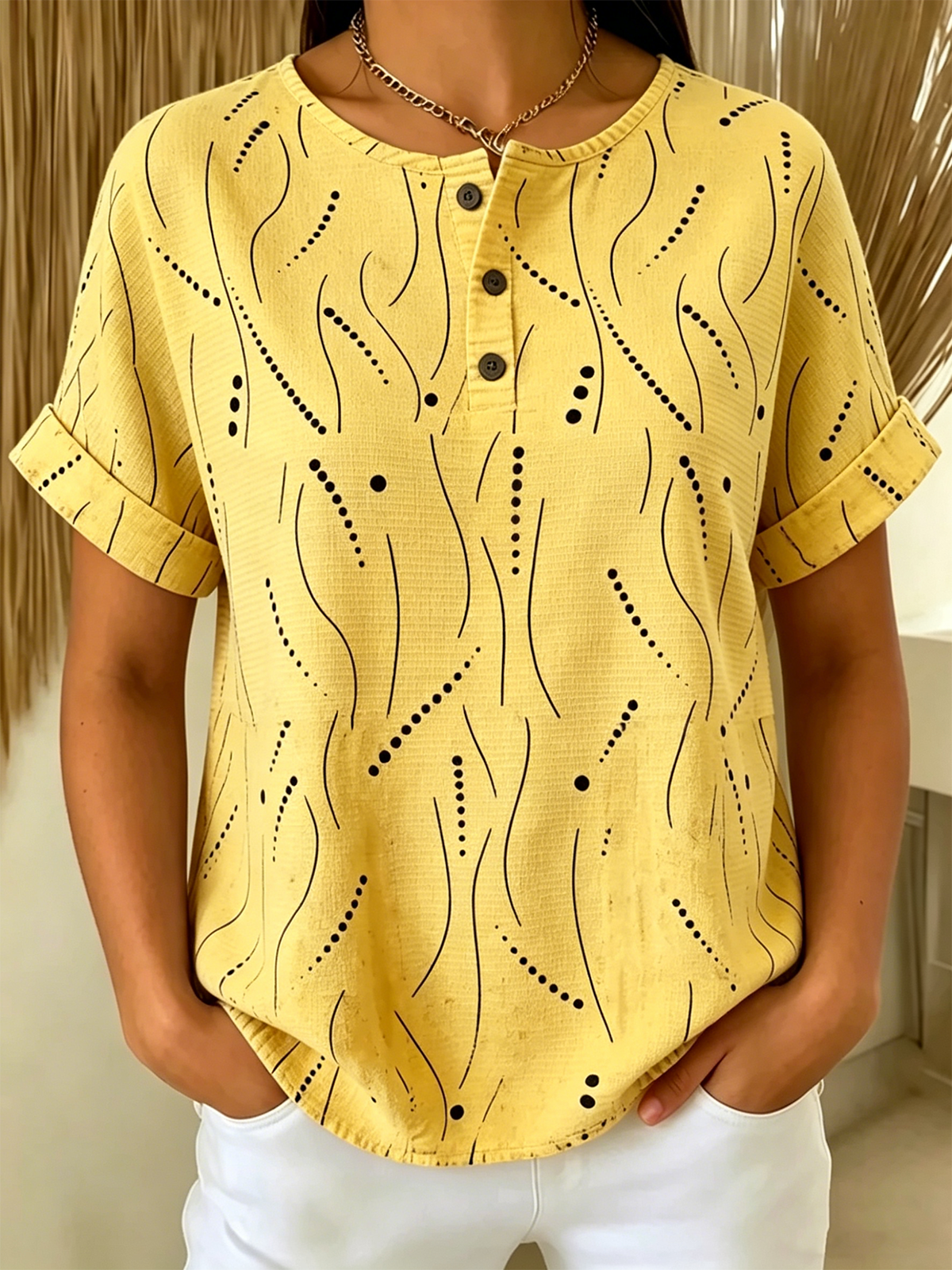 Women’s Abstract Line & Dot Print Henley Neck Short Sleeve T‑shirt
