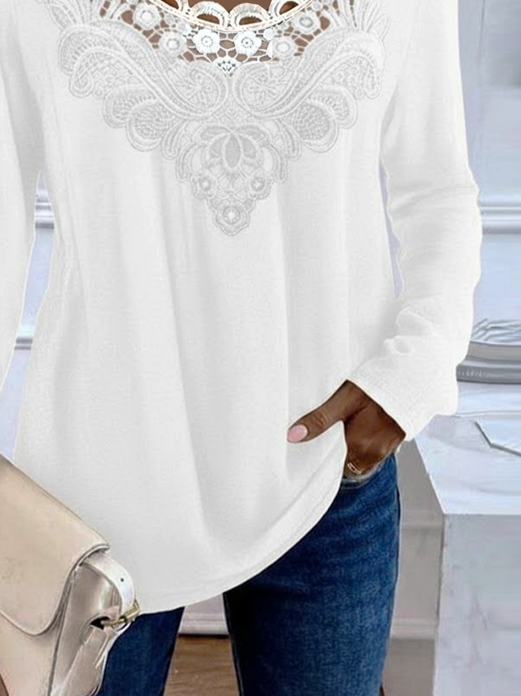 Women's Long Sleeve T-shirt Spring/Fall White Plain Printing Crew Neck Daily Going Out Casual Top