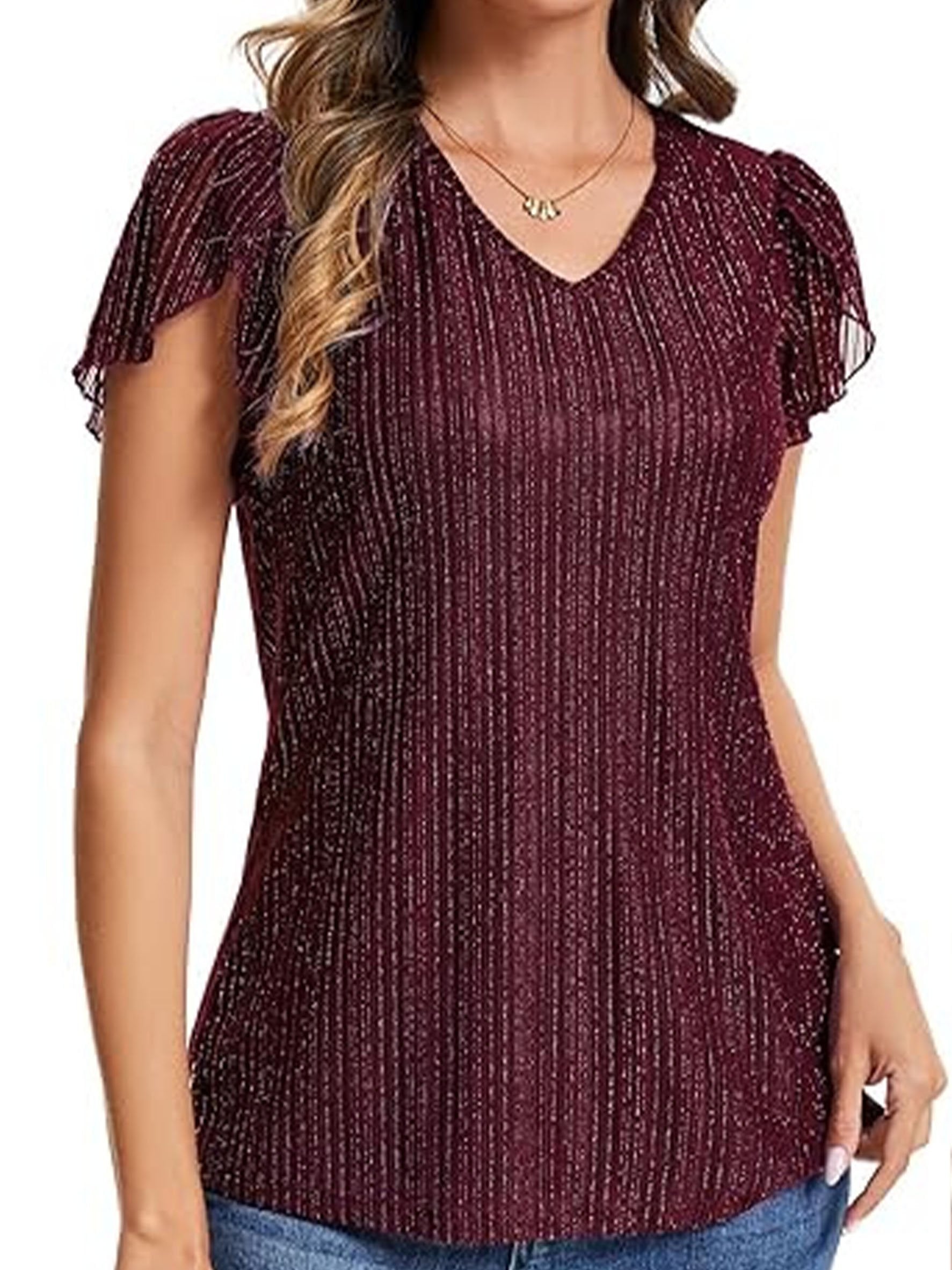Women's Glitter V Neck Short Sleeve Top Summer Going Out Party Elegant T-Shirt