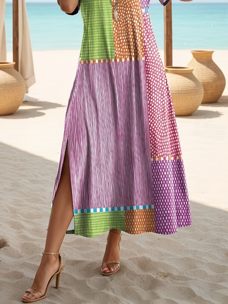 Women's Short Sleeve Summer As Picture Striped Printing Crew Neck Daily Going Out Casual Maxi H-Line T-Shirt Dress Dress
