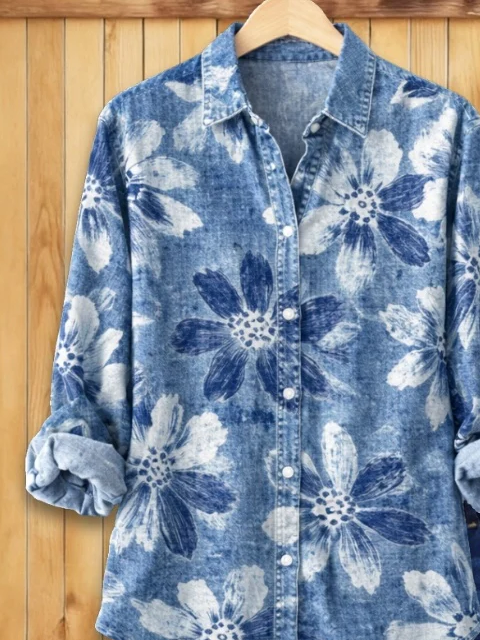 Women's Long Sleeve Shirt Spring/Fall Blue Floral Buckle Shirt Collar Regular Sleeve Daily Going Out Casual Top