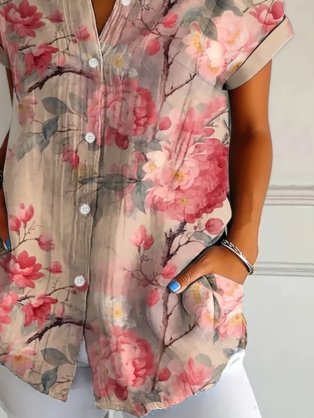 Women's Short Sleeve Shirt Summer Pink Floral Printing Shirt Collar Daily Going Out Casual Top