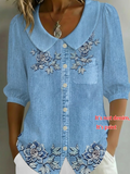 Women's Half Sleeve Shirt Summer Blue Floral Printing Shawl Collar Daily Going Out Casual Top