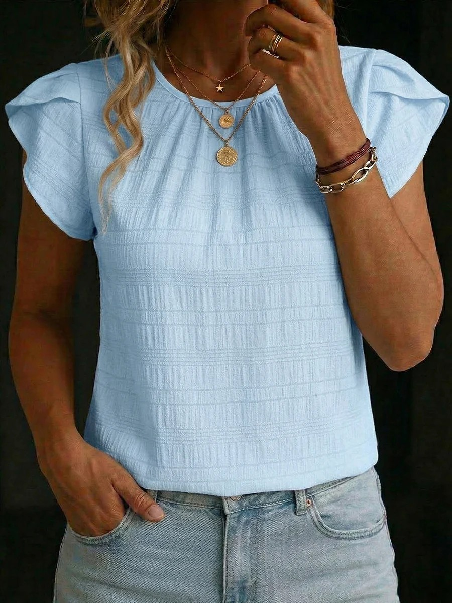Plain Round Neck Ruffle Short Sleeve T-Shirt Casual Regular Fit Summer Casual Top