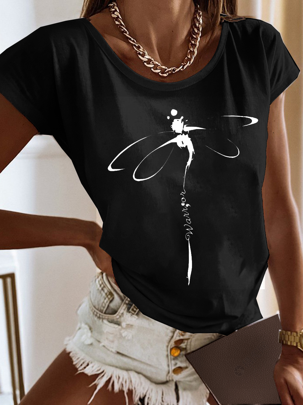 Basic Casual Loose Dragonfly Logo Crew Neck Jersey Short Sleeves T-Shirt