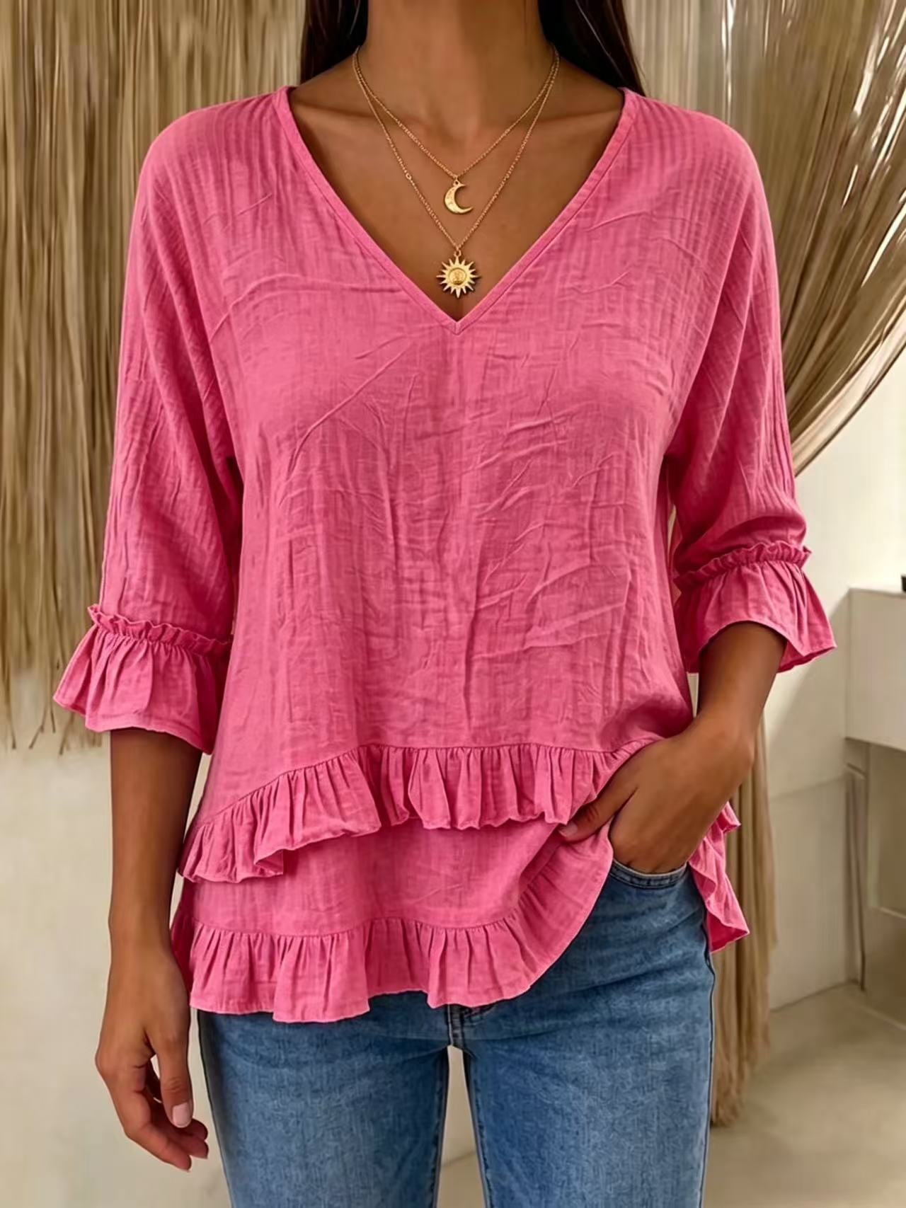 Casual Cotton And Linen V Neck The Quarter Sleeve Ruffle Hem Daily Going Out Casual Top