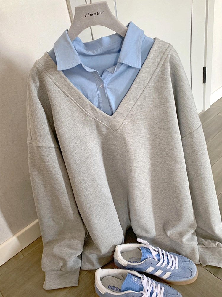 Casual Multicolor Block Shawl Collar Loose Sweatshirt