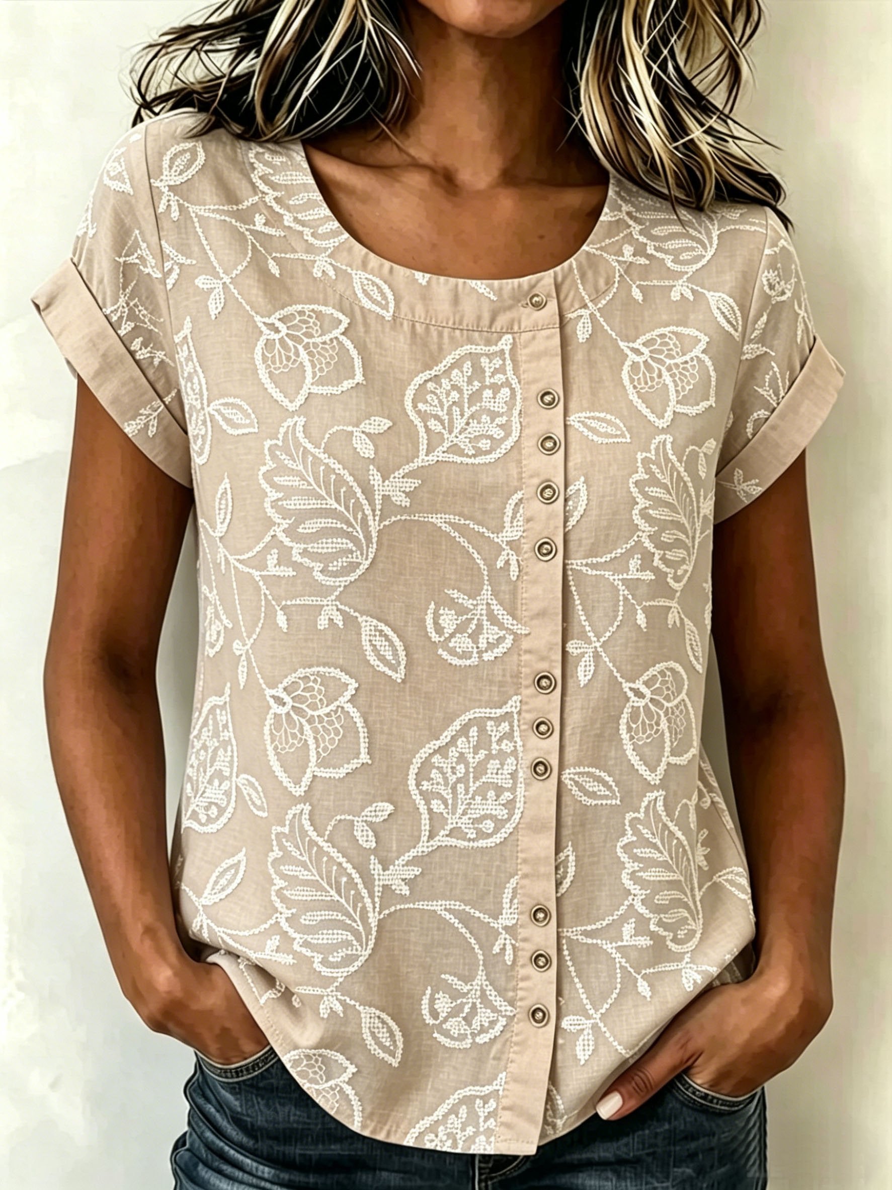 3D Printing Casual Linen Blend Crew Neck Short Sleeve Button Loose Casual Top