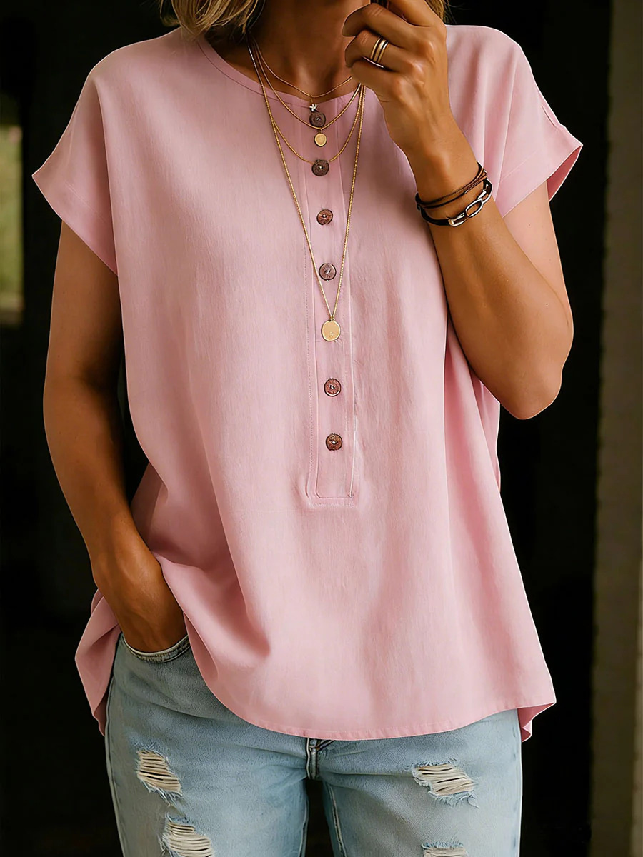 Plain Round Neck Short Sleeve Button Spring Summer Casual Blouse