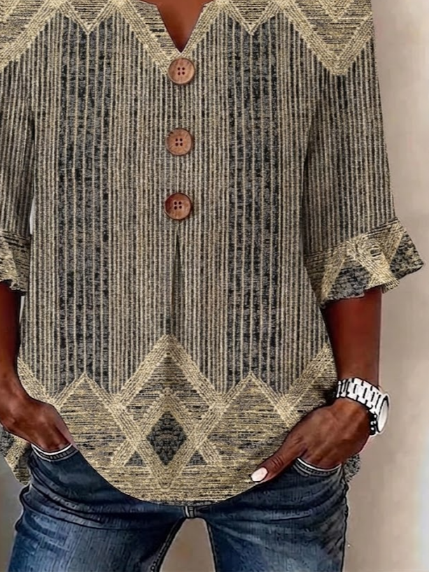 Women's Half Sleeve Blouse Summer Brown Abstract Printing V Neck Daily Going Out Vintage Top