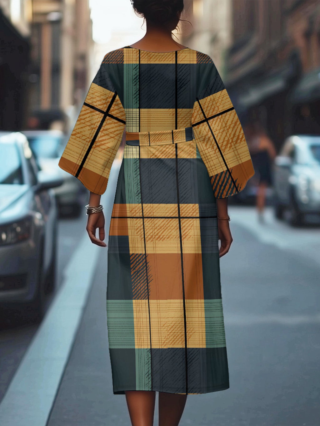 Dolman Sleeve Multicolor Block Regular Fit Vintage Crew Neck Dress With Belt