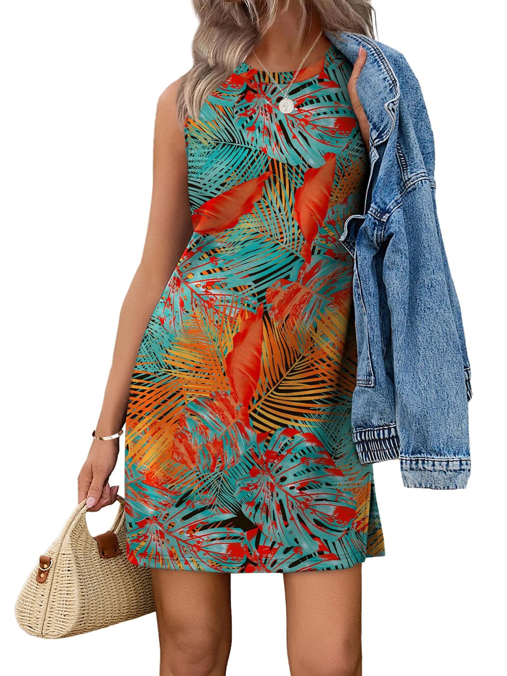 Maple Leaf Crew Neck Sleeveless Tank Dress Casual Dress Summer Spring Boho Vacation Clothes