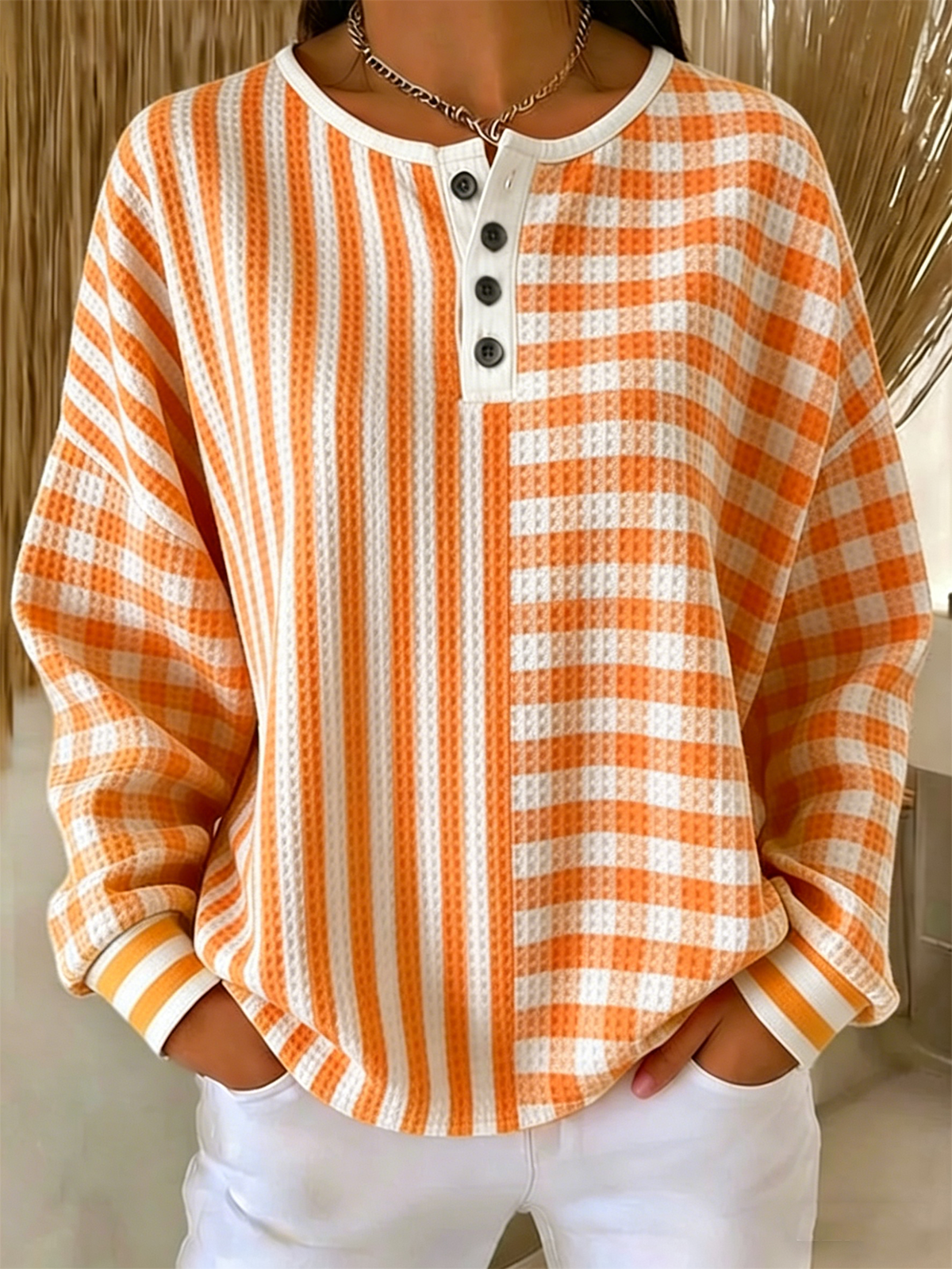 Waffle Textured Plaid & Stripe Color Block Henley Sweatshirt