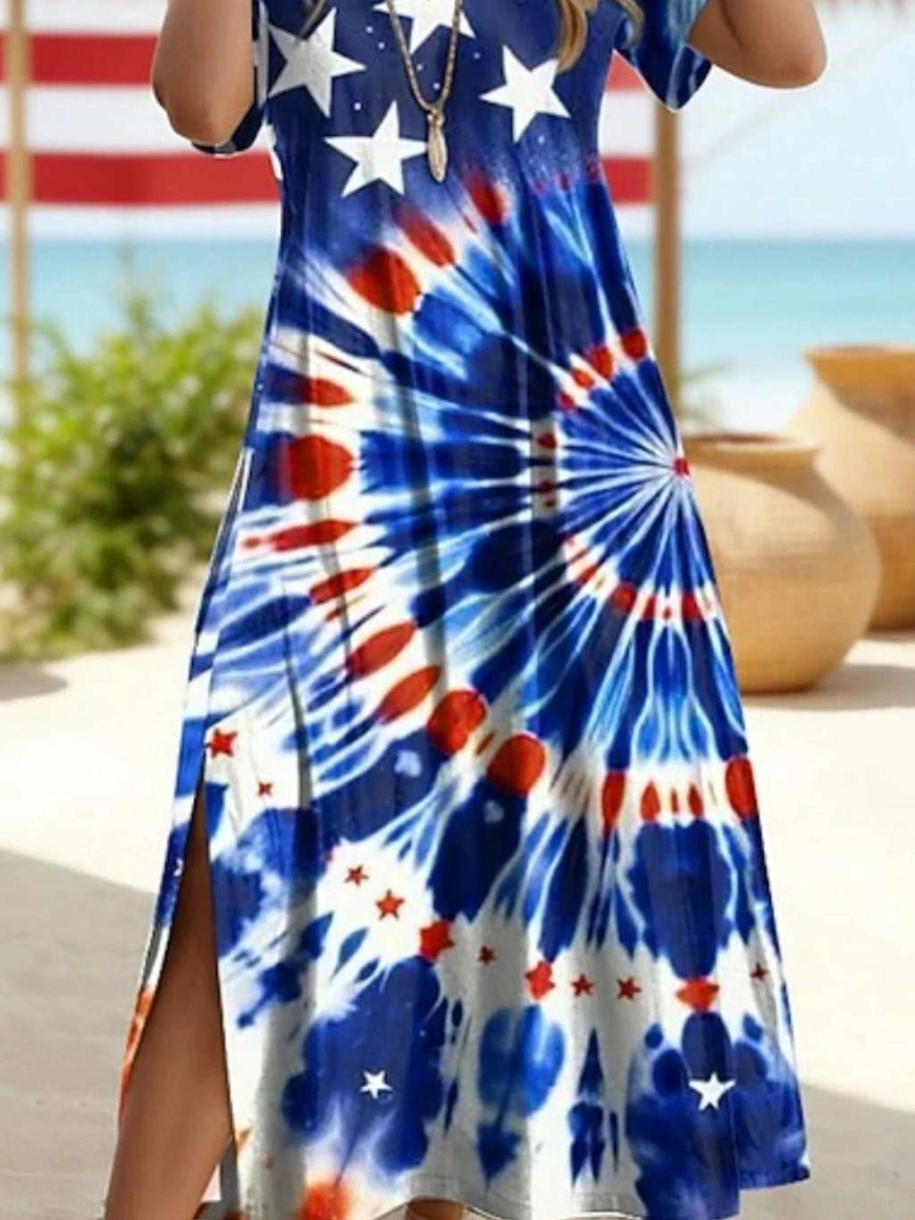 Women's Short Sleeve Summer As Picture Star Tie-Dye Pattern Independence Day V Neck Short Sleeve Daily Going Out Casual Maxi A-Line T-Shirt Dress 250th Anniversary