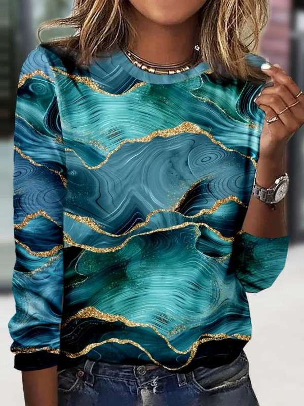 Women's Long Sleeve T-shirt Spring/Fall Blue Abstract Printing Jersey Crew Neck Daily Going Out Casual Top
