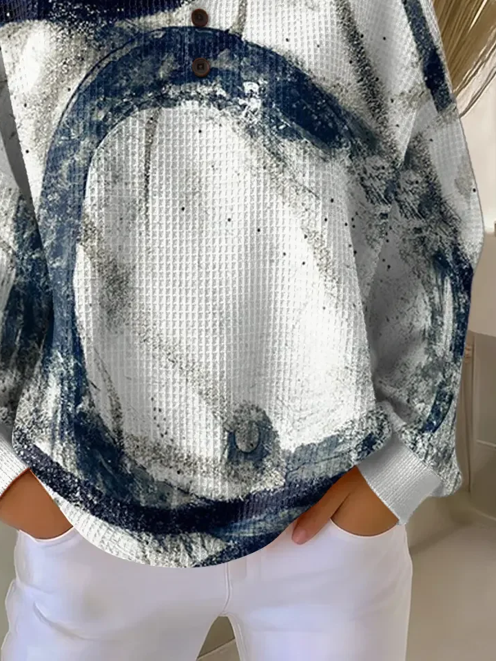 Women's Abstract Print Button-Up Casual Waffle Knit Sweatshirt