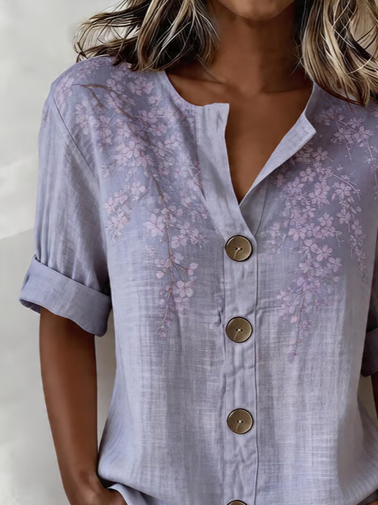 Women's Long Sleeve Shirt Spring/Fall Purple Floral Buckle Stand Collar Daily Going Out Casual Top