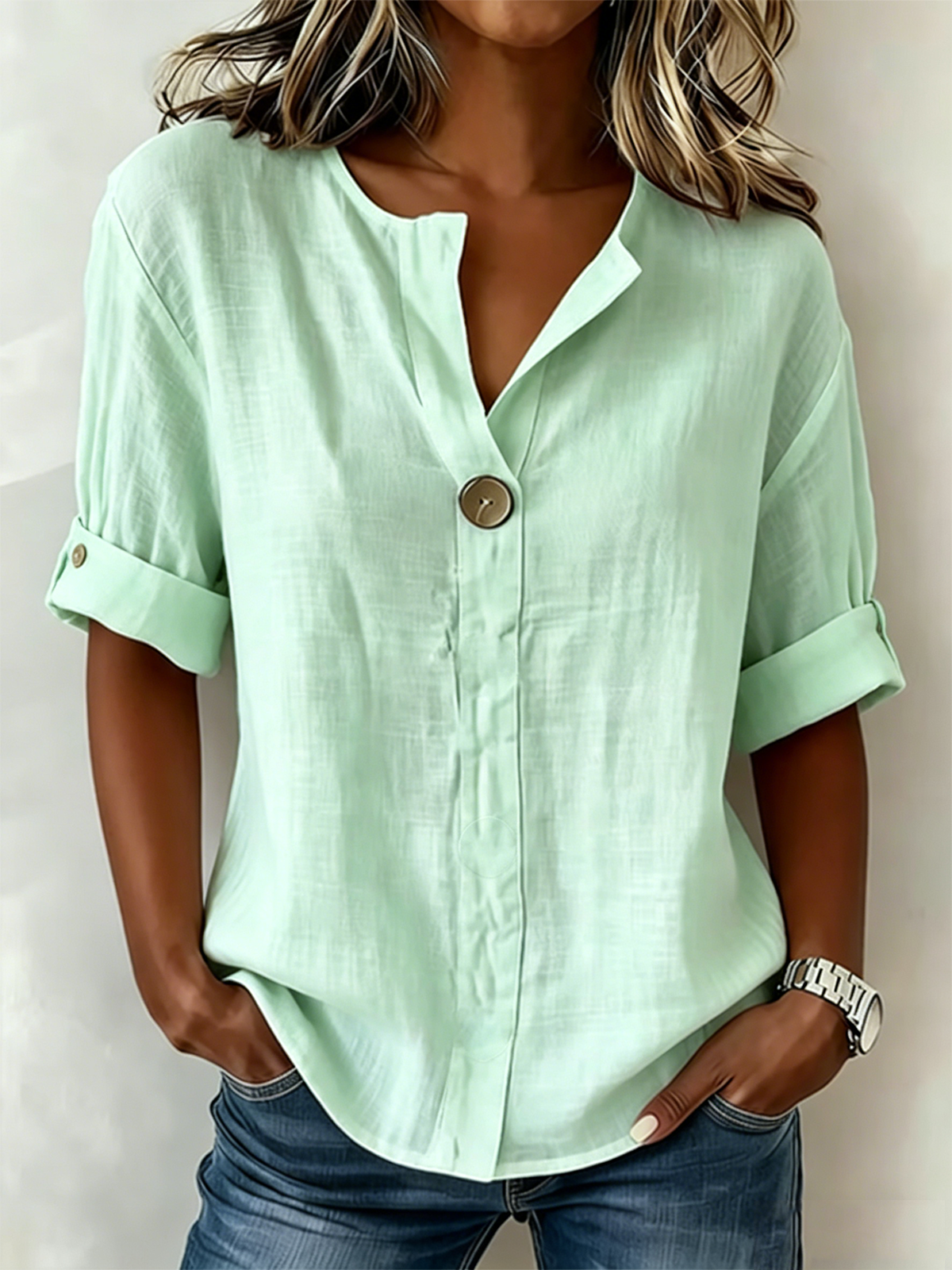 Solid White Henley Neck Button Front Short Sleeve Blouse