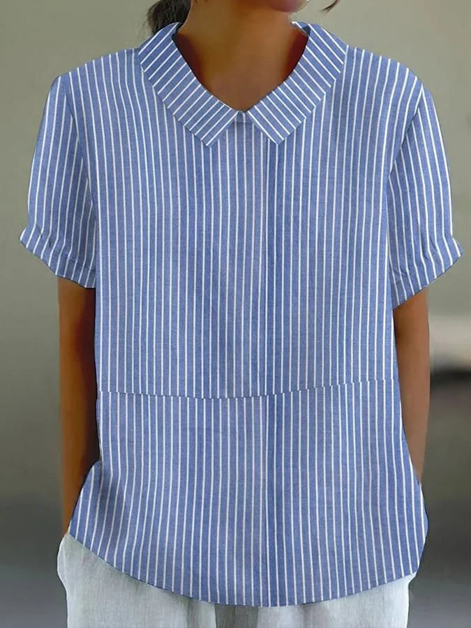 Women's Spring Stripe Print Lapel Short Sleeve Shirt