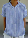 Women's Spring Stripe Print Lapel Short Sleeve Shirt