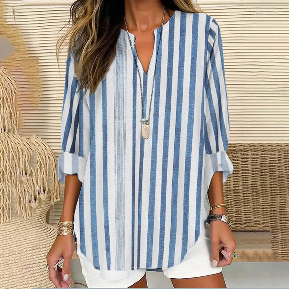 Women's Long-Sleeve Striped V-Neck Casual Shirt