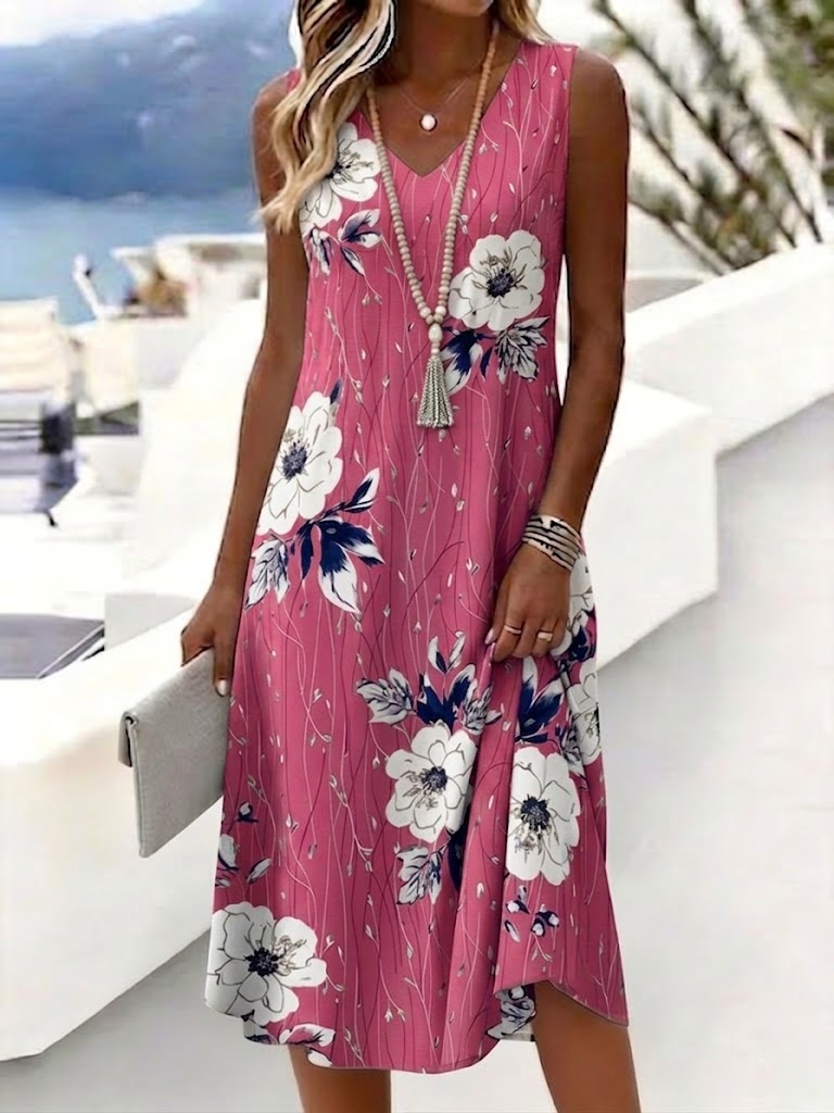 Women's Bold White Floral Print Sleeveless V-Neck Midi Dress Blue Casual Summer Tank Dress