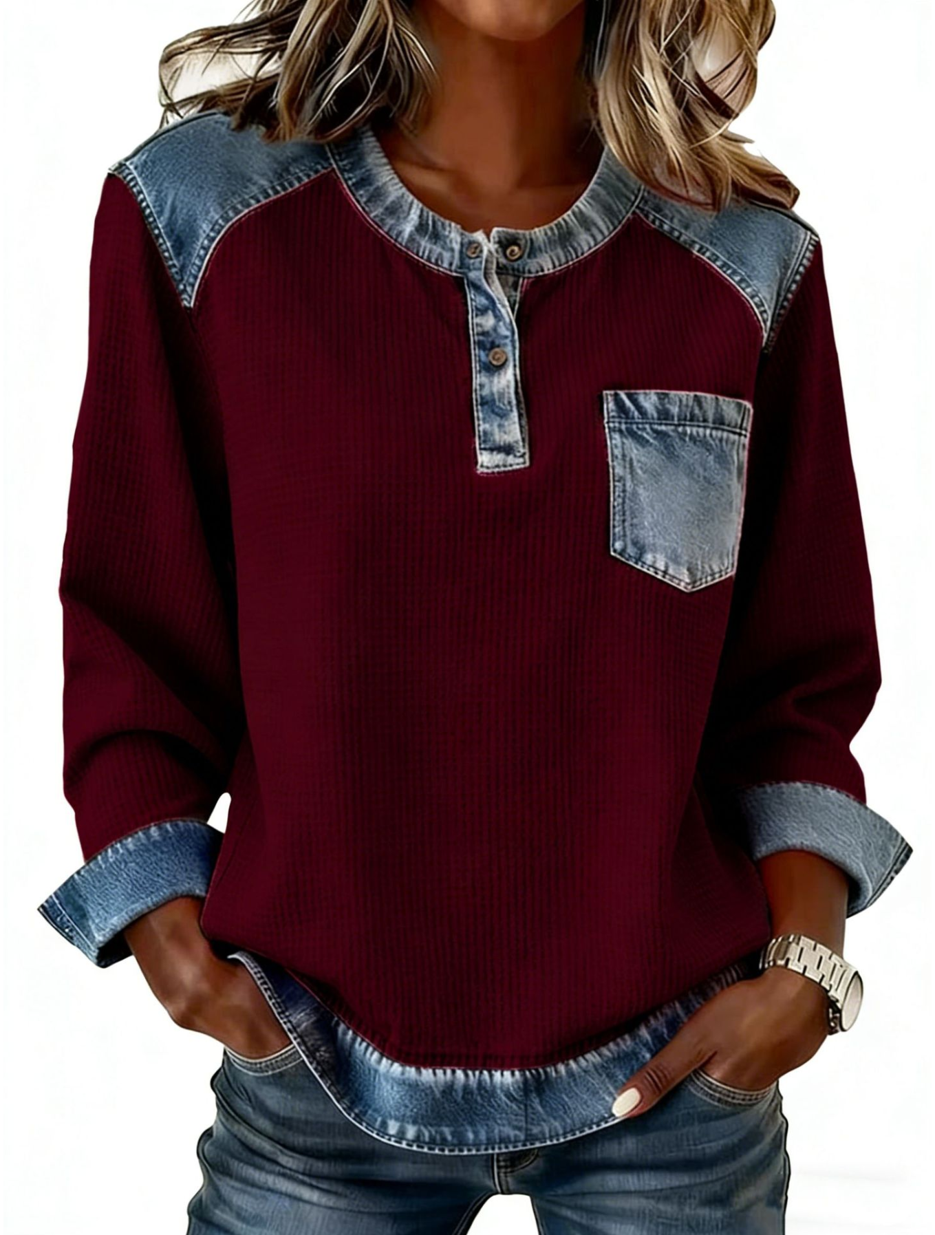 Denim Color Block Crew Neck Half Placket Long Sleeve Patch Pocket Casual Blouse