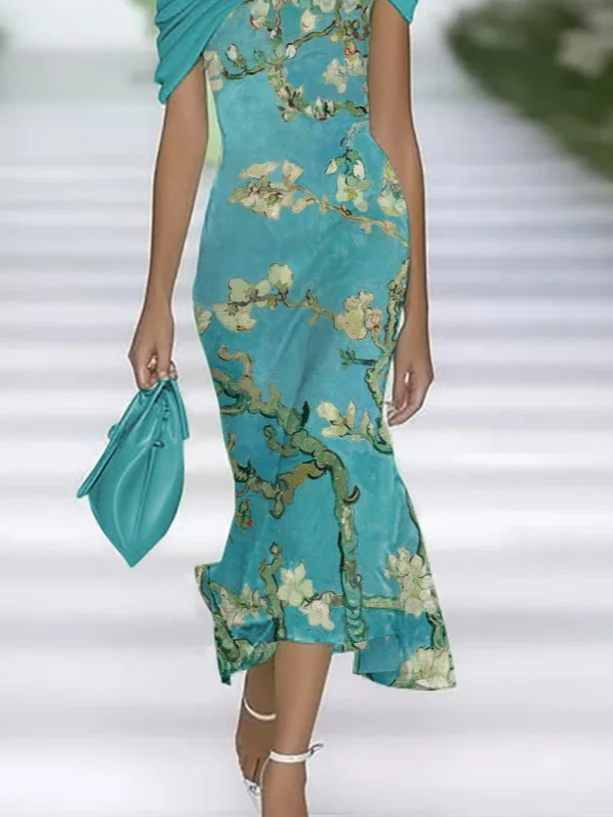 Women's Cap Sleeve Summer Cyan Floral Printing Cold Shoulder Daily Going Out Vintage Maxi H-Line Dress