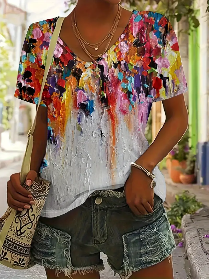 Women's Colorful Printed Casual V-Neck Short Sleeve T-Shirt