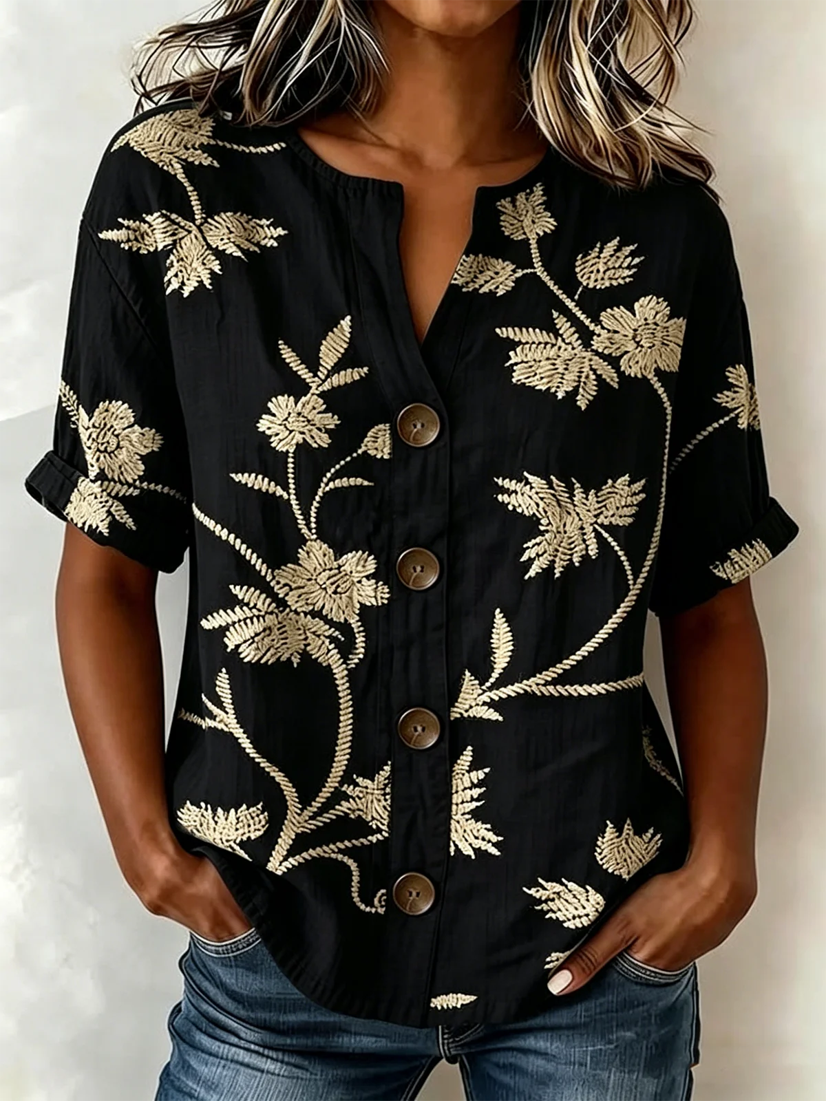 Women's Floral Print Linen Blend V-Neck Button Front Rolled Sleeve Blouse