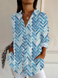 Women's Long Sleeve Shirt Spring/Fall Blue Geometric Buckle Shirt Collar Daily Going Out Casual Top