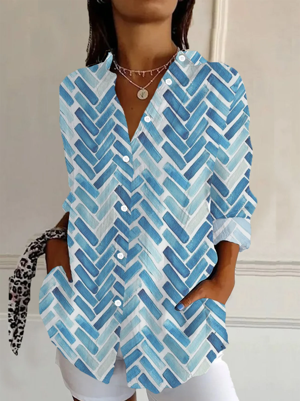 Women's Long Sleeve Shirt Spring/Fall Blue Geometric Buckle Shirt Collar Daily Going Out Casual Top