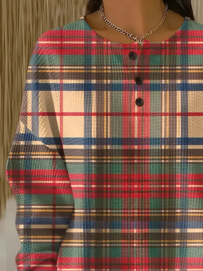 Women's Plaid Print Button-Up Casual Waffle Knit Sweatshirt