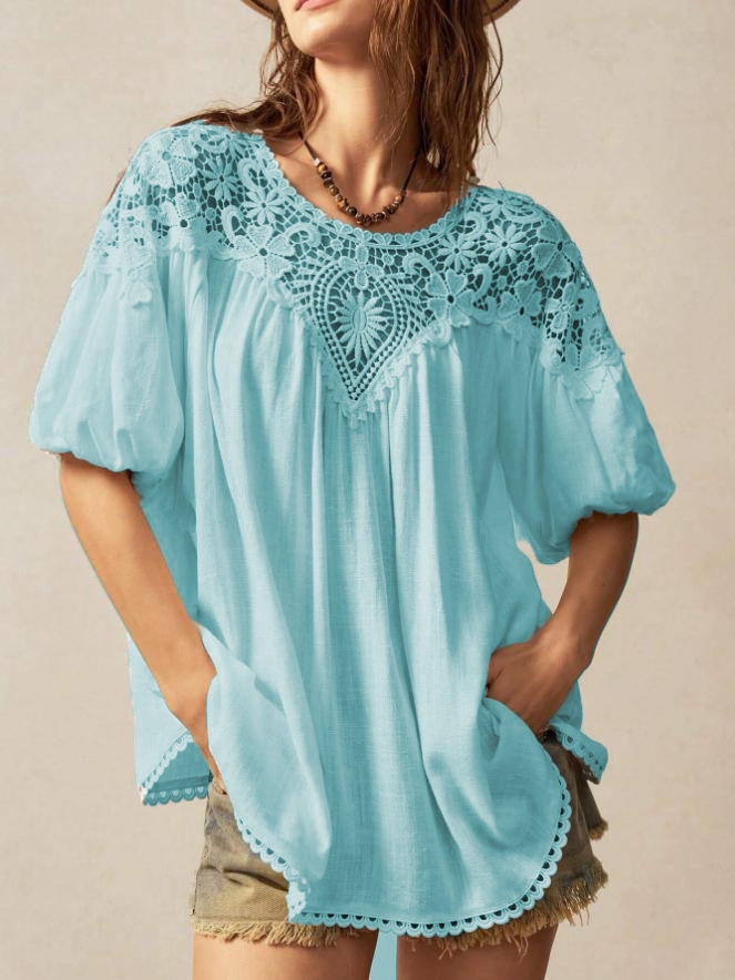 Polyester Cotton Lace Patchwork Crew Neck Puff Sleeve Western Style Summer Spring Going Out Blouse