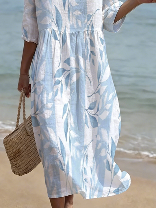 Women's Half Sleeve Summer Blue Floral Printing Crew Neck Daily Going Out Casual Maxi H-Line Dress