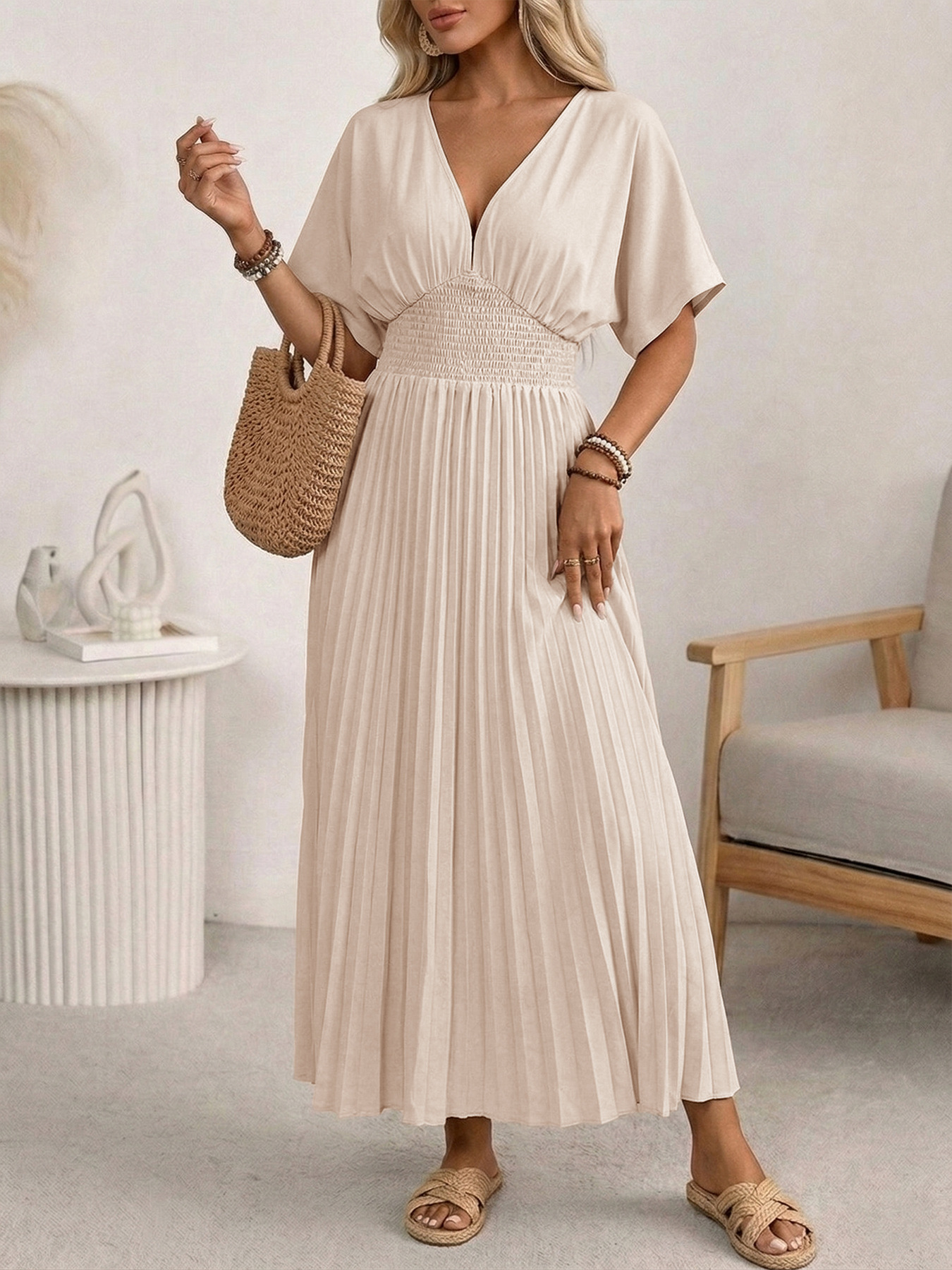 Plain Batwing Short Sleeve V Neck Pleated A-Shape Skirt Elegant Maxi Dress