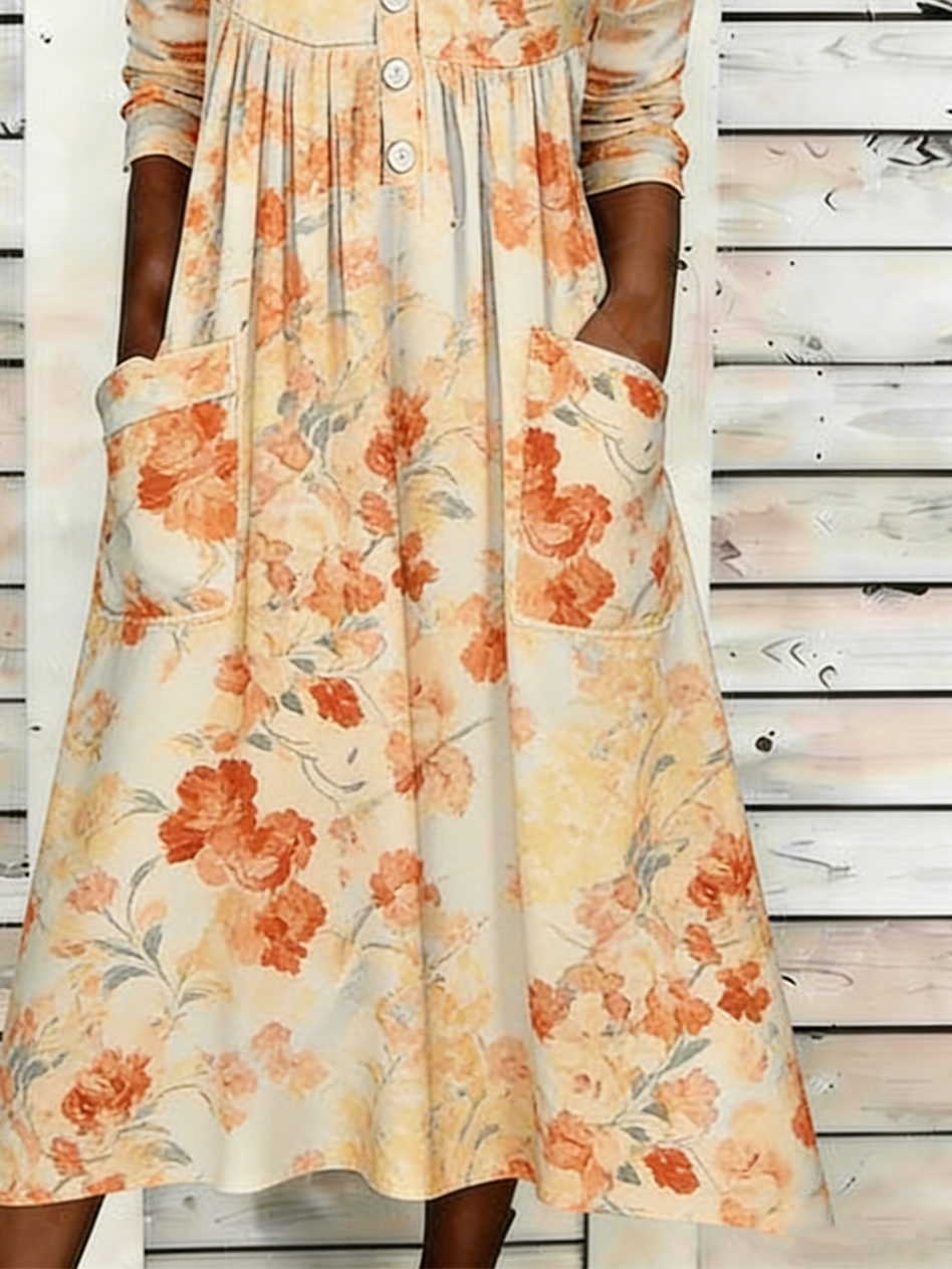 Floral Loose Half Open Collar Casual Dress With No