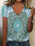 Women's Short Sleeve T-shirt Summer Green Ethnic Printing V Neck Holiday Going Out Vintage Top