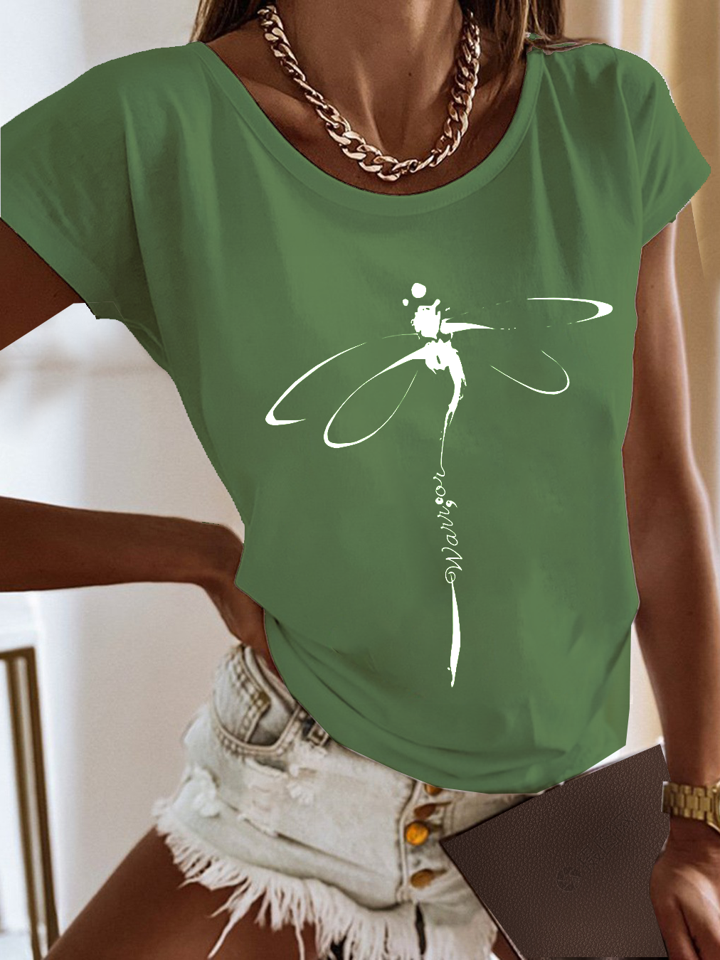 Basic Casual Loose Dragonfly Logo Crew Neck Jersey Short Sleeves T-Shirt