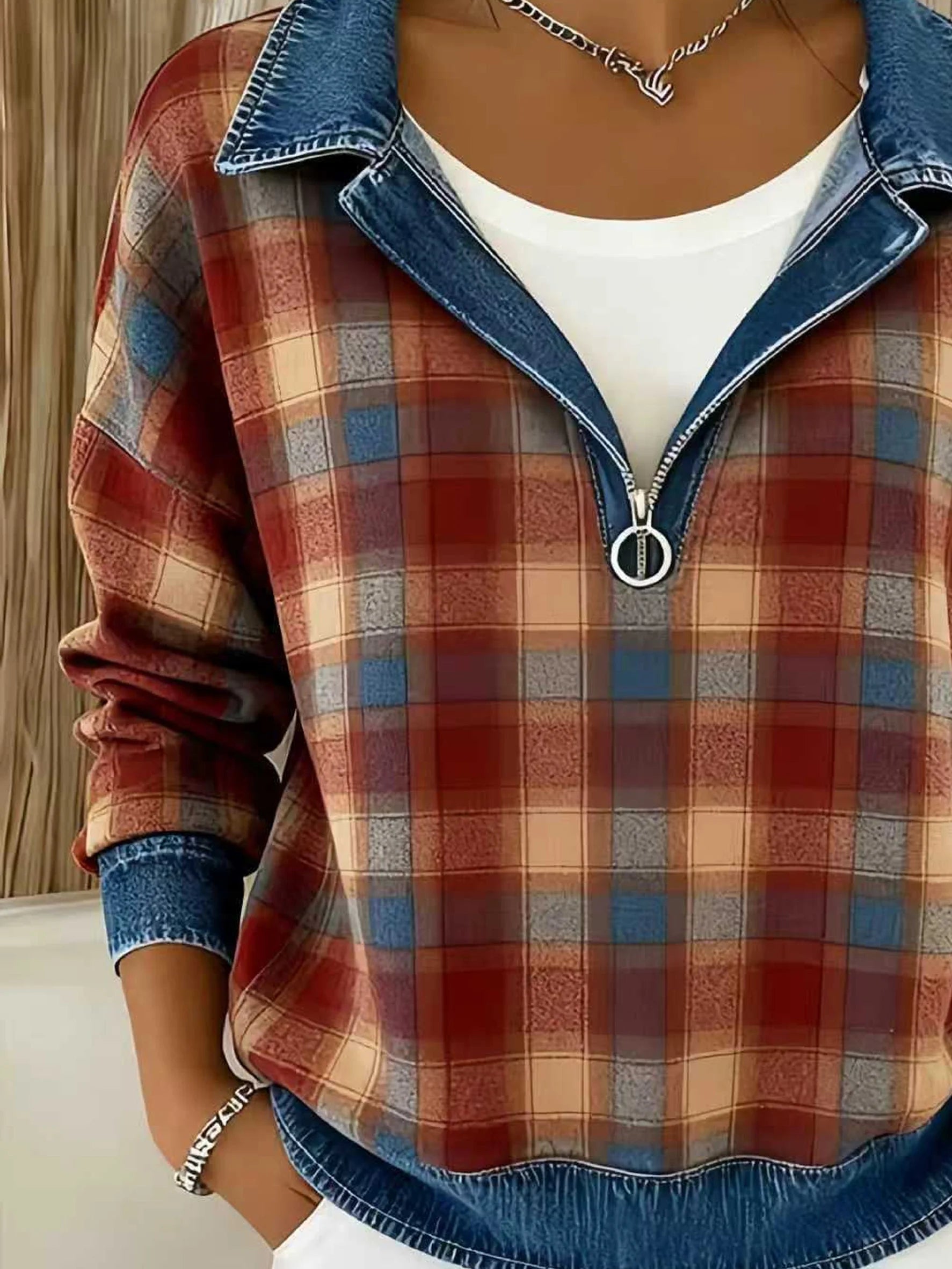 Plaid Color Block Denim Casual Loose Long Sleeve Zipper Going Out Casual Hoodie