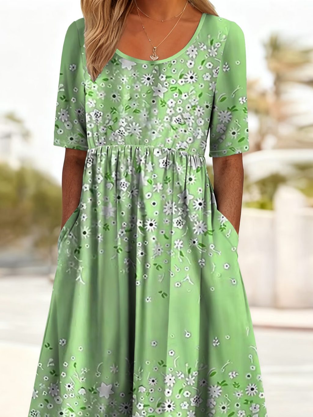 Women's Short Sleeve Summer Green Floral Printing Crew Neck Daily Going Out Casual Maxi H-Line Shift Dress Dress