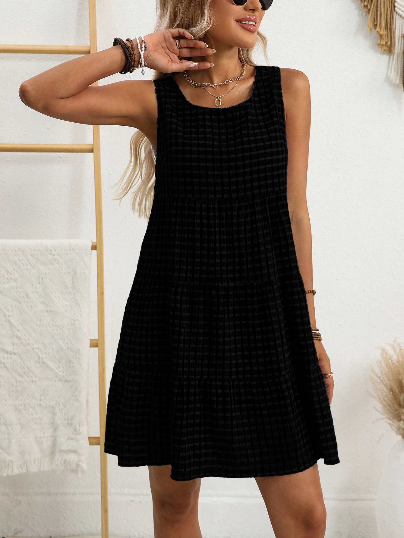 Plaid Crew Neck Sleeveless Going Out Casual Dress