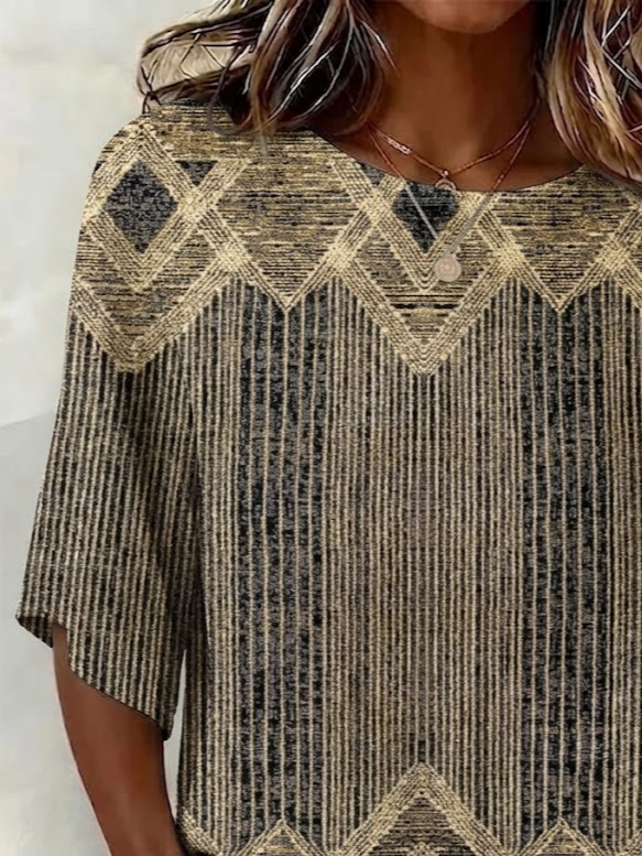 Women's Half Sleeve Blouse Summer Brown Abstract Printing Crew Neck Daily Going Out Vintage Top