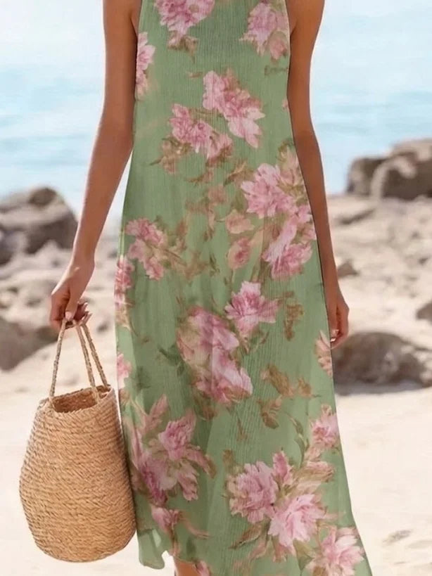 Women's Green Floral Print Sleeveless Maxi Dress Casual Beach Dress