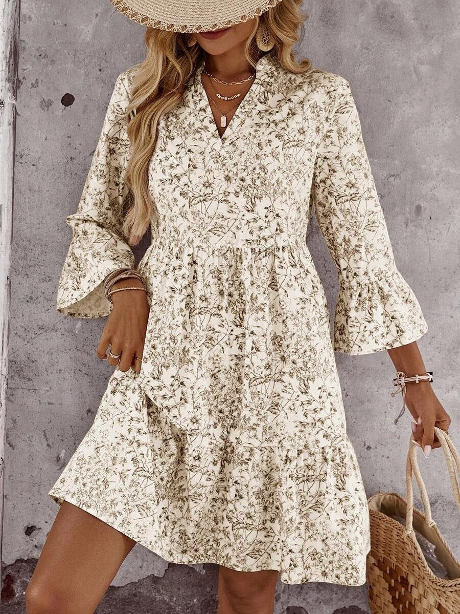 Elegant Floral V Neck 3/4 Sleeve Ruffle Tiered Mini Dress Casual Summer Flowy dress
