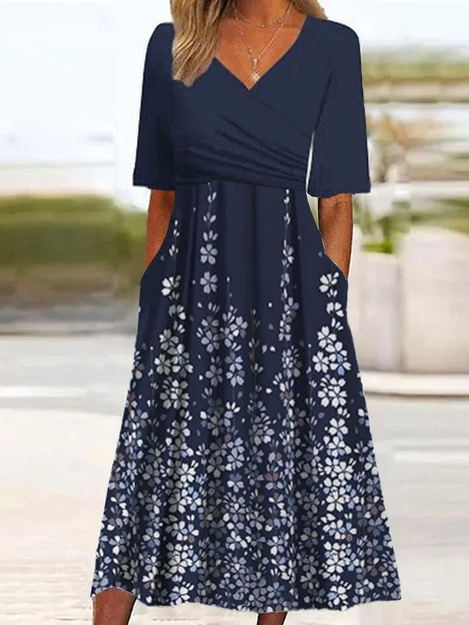 Women's Navy Gradient Floral Print Maxi Dress V-Neck Elbow Sleeve Wrap Waist A-Line Dress
