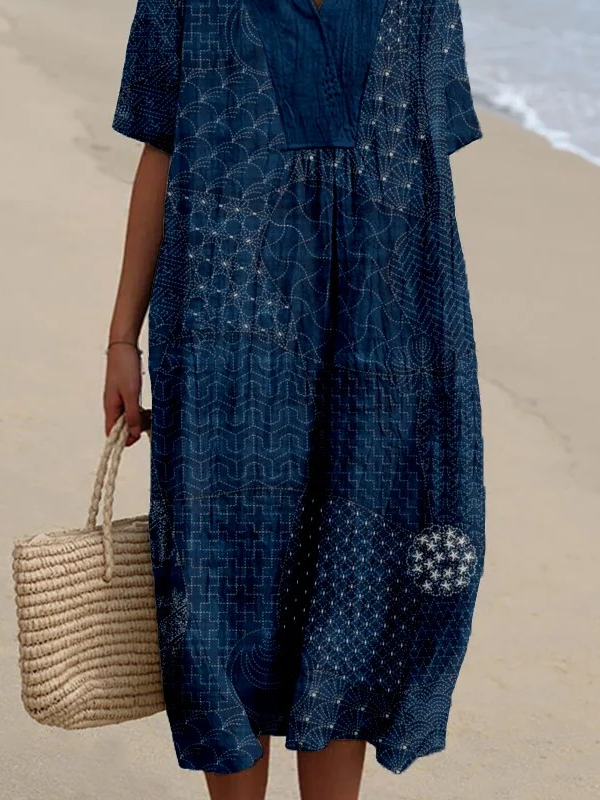 Japanese Traditional Sashiko Art Linen Blend Midi Dress