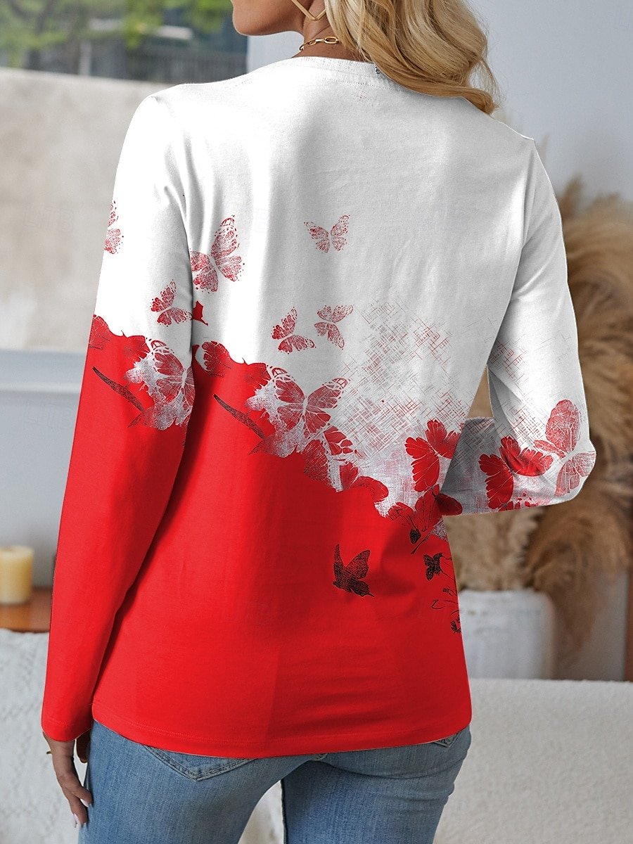 Women's Butterfly Flora Pattern Round Neck Long Sleeve T-Shirt